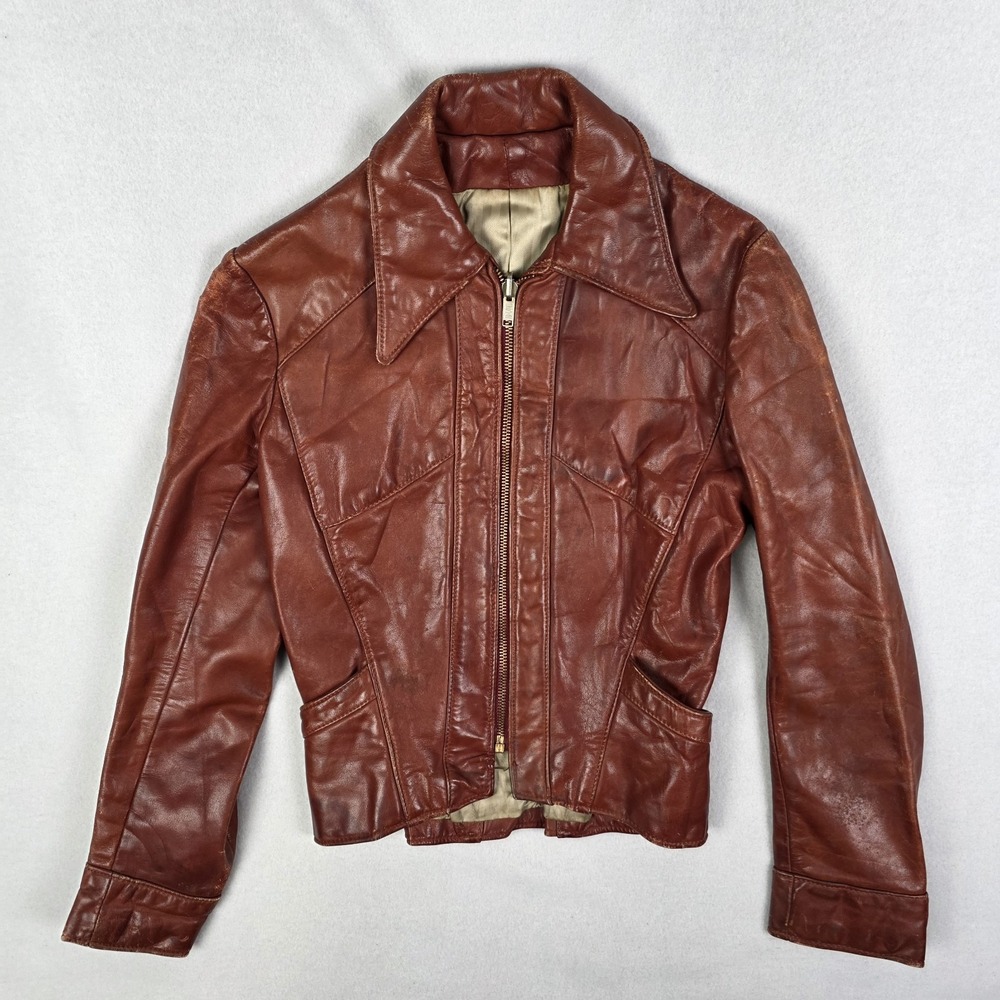 VTG 70s Leather Jacket Women Small Orange Brown Conmar Zipper Pointed Collar 60s